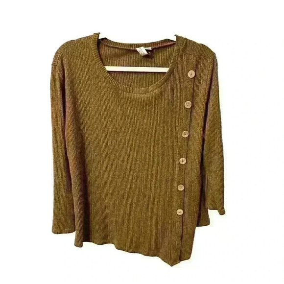 Misia Women's XL Brown V-Hem 3/4 Sleeve Rayon Blend Top Shirt w/ Button Accents - Picture 1 of 12